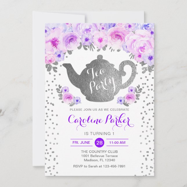 Invitation Tea Party Anniversaire - Silver White Purple Flora (Devant)