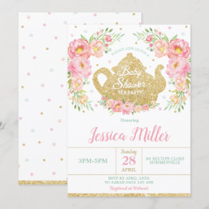Invitation Tea Party Baby shower à la menthe rose Floral