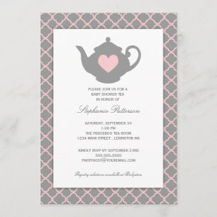 Invitation Tea Party Baby shower de Quatrefoil rose + gris