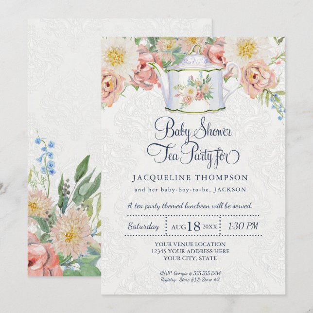 Invitation Tea Party Baby shower Dusty Blue Blush Pink Teapot (Devant / Derrière)