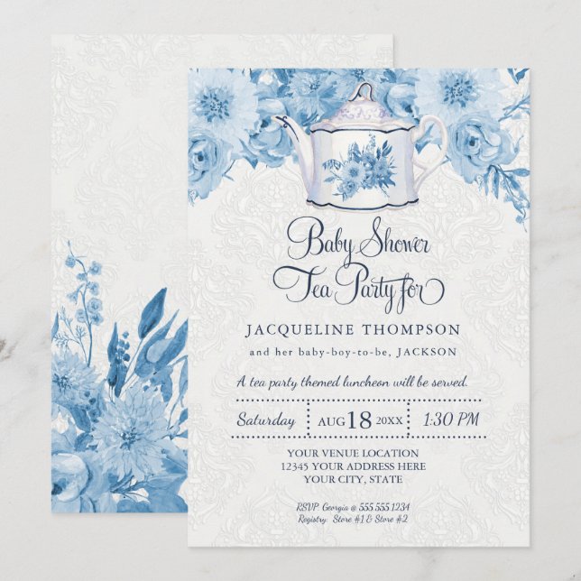 Invitation Tea Party Baby shower Dusty Blue Flowers avec théi (Devant / Derrière)