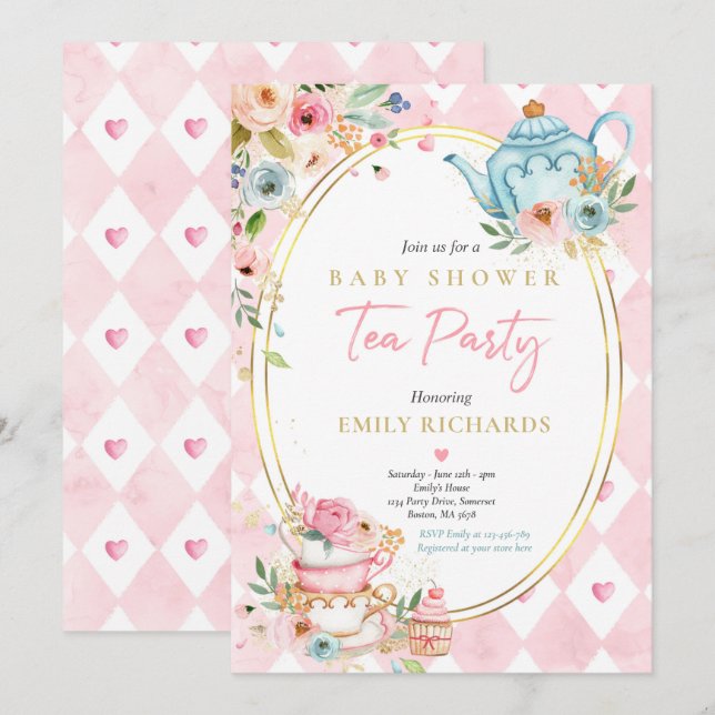 Invitation Tea Party Baby shower fille roses roses rose bébé  (Devant / Derrière)