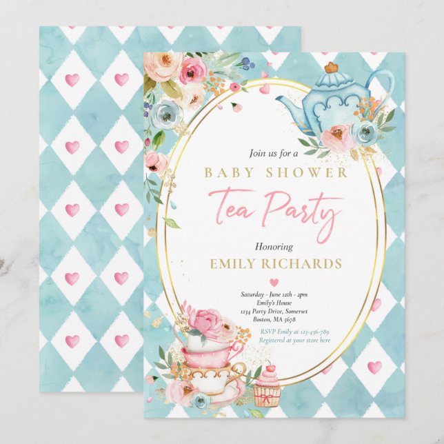 Invitation Tea Party Baby shower fille roses roses rose bébé  (Devant / Derrière)