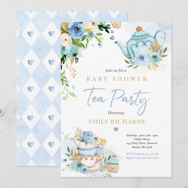Invitation Tea Party Baby shower Garçon Rose bleu bébé brassa (Devant / Derrière)