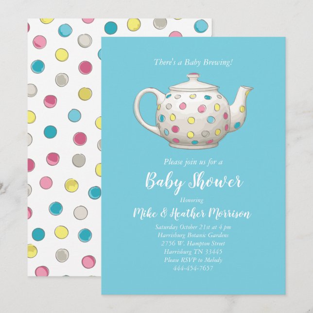 Invitation Tea Party Baby shower Polka Dot Blue Boy (Devant / Derrière)