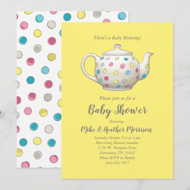 Invitation Tea Party Baby Shower Polka Dot Genre Neutre (Devant / Derrière)