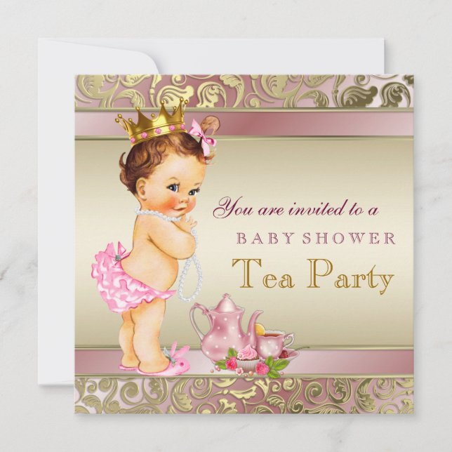 Invitation Tea Party Baby shower rose et Gold Pearl (Devant)