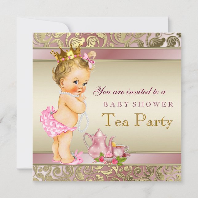 Invitation Tea Party Baby shower rose et or (Devant)