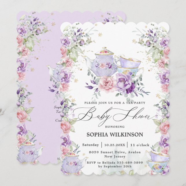 Invitation Tea Party Baby shower rose violet (Devant / Derrière)