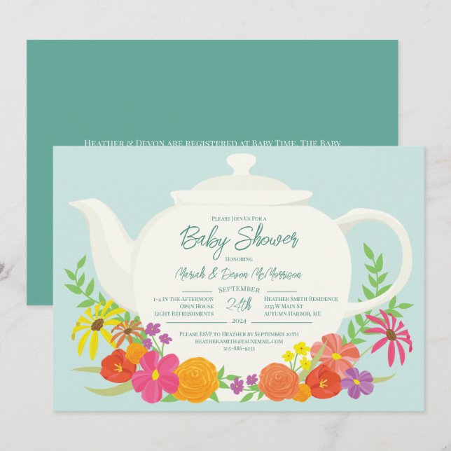 Invitation Tea Party Baby shower théière (Devant / Derrière)