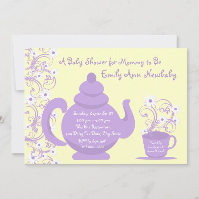Invitation Tea Party Baby shower violet et jaune (Devant)