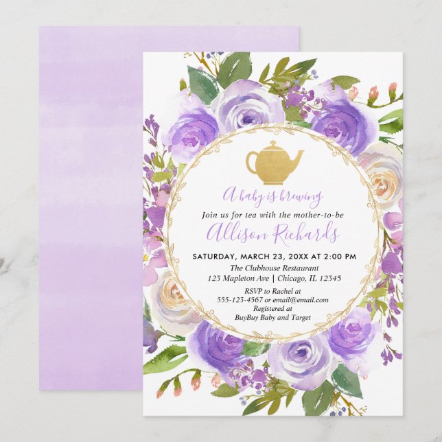 Invitation Tea party baby shower violet lavande lilas floral (Devant / Derrière)
