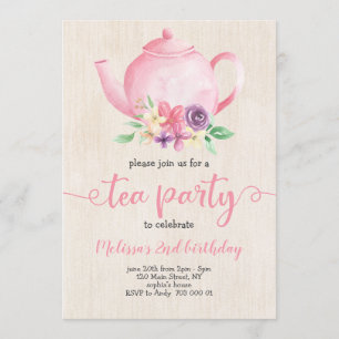 Invitation Tea Party Birthday Pink Aquarelle Rustique