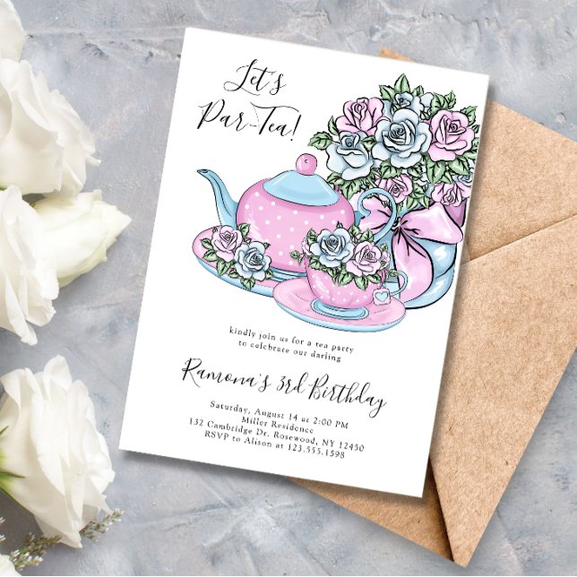 Invitation Tea Party bleu rose floral fête d'anniversaire (Créateur téléchargé)