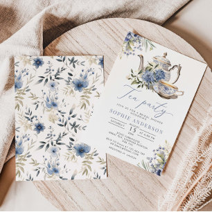Invitation Tea Party Blue Floral Aquarelle Fête des mariées