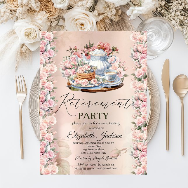 Invitation Tea Party Chic Parti de retraite Vintage Rose (Créateur téléchargé)