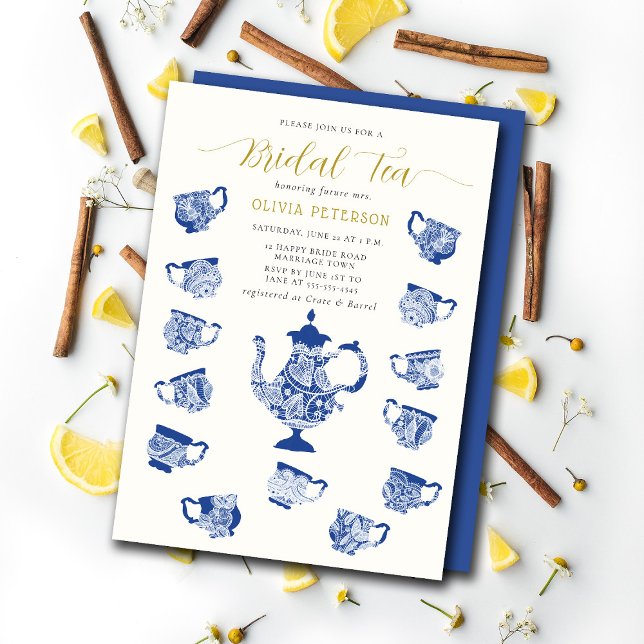 Invitation Tea Party Chinoiserie Lace Marine Fête des mariées (Créateur téléchargé)