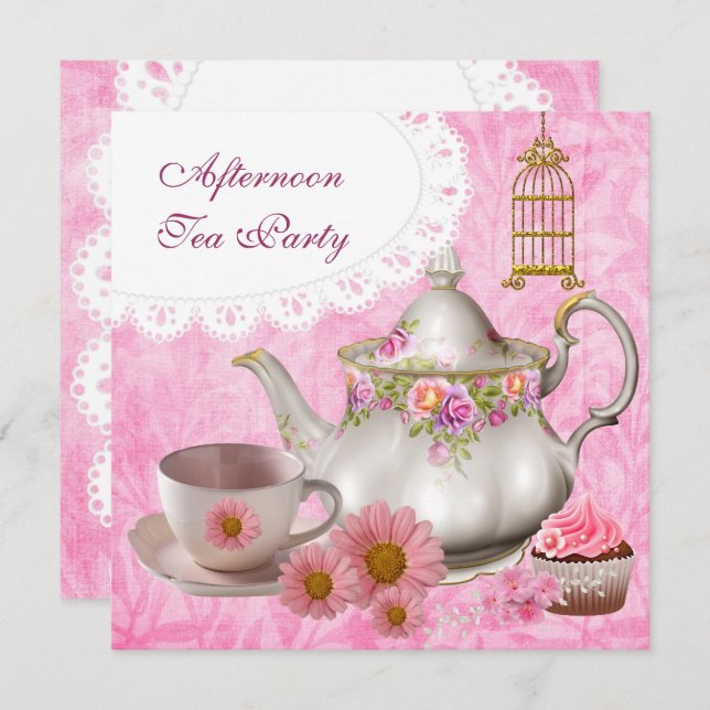 Invitation Tea Party Cupcake Pink Floral Teapot (Devant / Derrière)