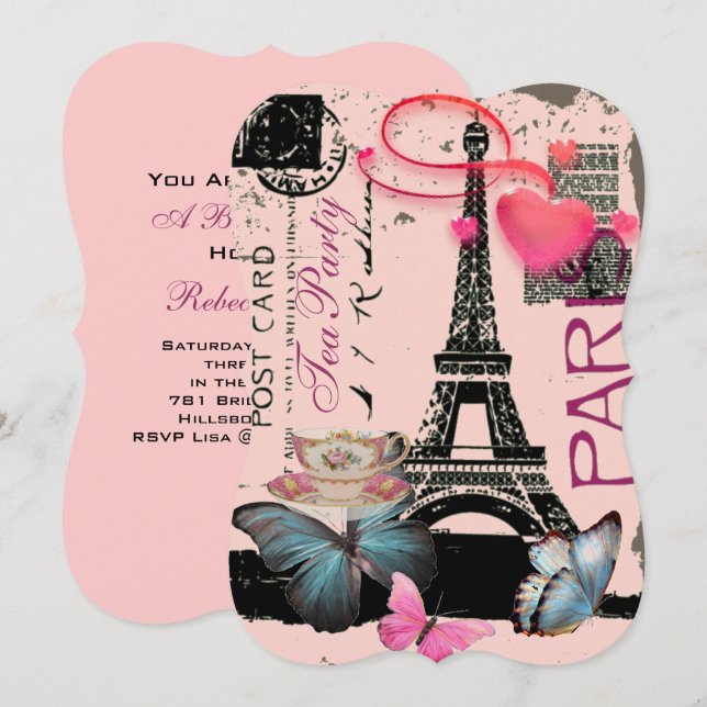 Invitation Tea party de la tour eiffel de Paris rose rétro (Devant / Derrière)