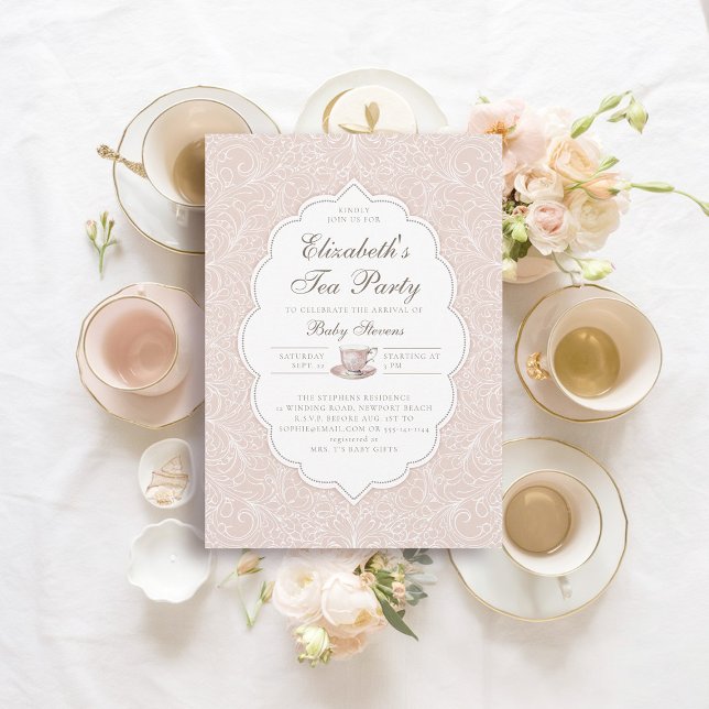 Invitation Tea Party Élégante dentelle Pêche rose Baby shower (girl baby tea party shower invitation elegant frame modern classic lace peach pink white brewing)
