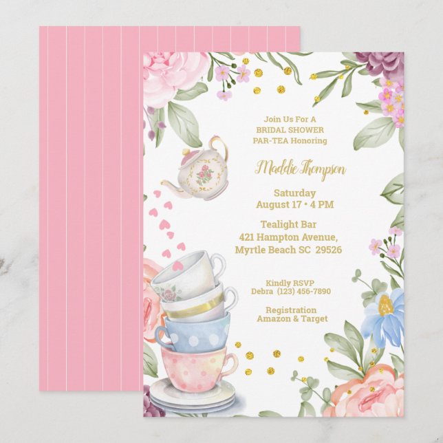 Invitation Tea Party Élégante Fête des mariées verte rose (Devant / Derrière)