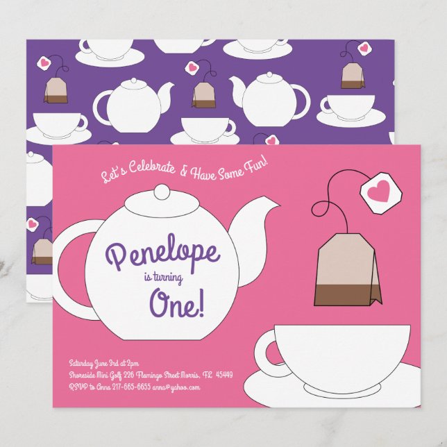 Invitation Tea Party Enfants 1er anniversaire Filles roses et (Devant / Derrière)