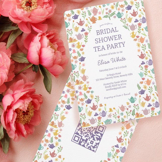 Invitation Tea Party Fête des mariées Cute CUSTOM QR Code (Tea Party Bridal Shower Cute CUSTOM QR Code Invitation
)