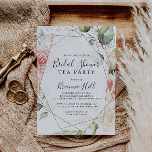 Invitation Tea Party Fête des mariées fleurie d'or géométriqu