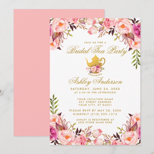 Invitation Tea Party Fête des mariées or rose Floral (Devant / Derrière)