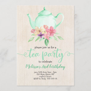 Invitation Tea Party Fille Anniversaire Mint Aquarelle Turquo