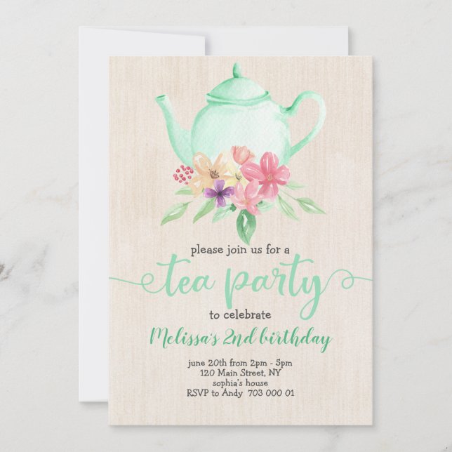 Invitation Tea Party Fille Anniversaire Monnaie Aquarelle Tur (Devant)