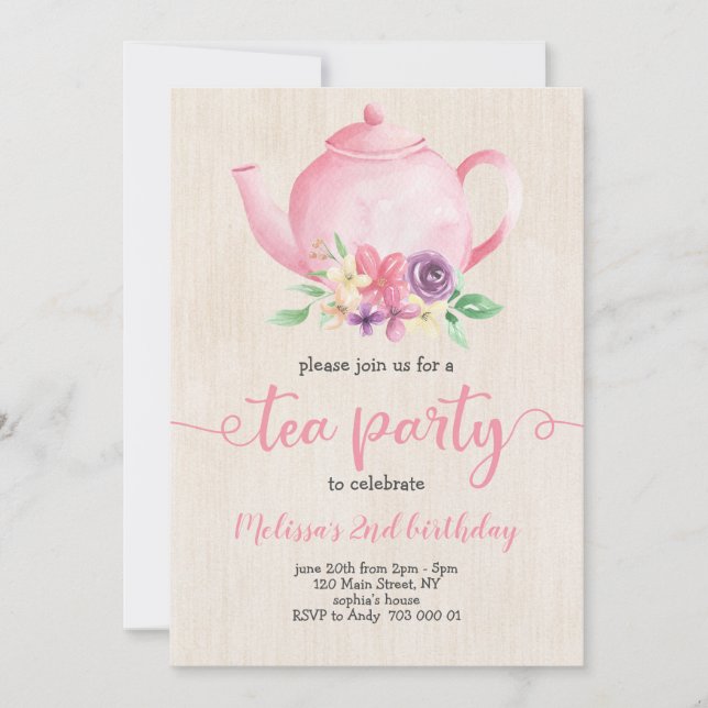 Invitation Tea Party fille Anniversaire rose Aquarelle Rustiq (Devant)