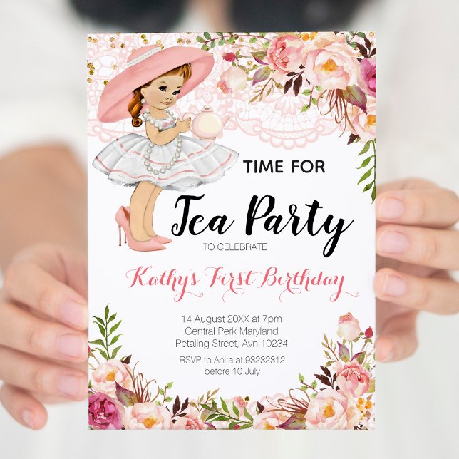 Invitation Tea Party Floral Rose Girl Anniversaire (Créateur téléchargé)