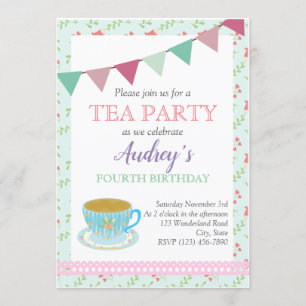 Invitation Tea Party Girls Anniversaire Shabby Chic Afternoon