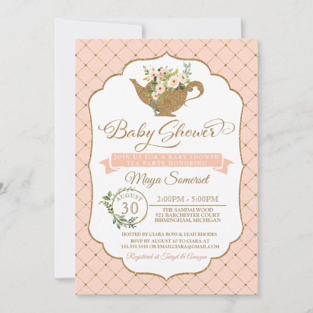 Invitation Tea Party Luxury Blush Floral Girl Baby shower (Devant)