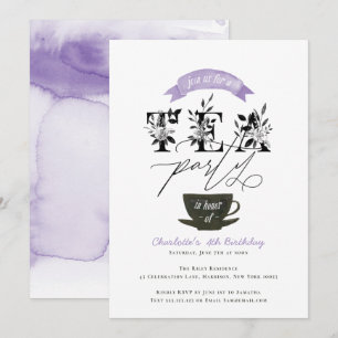 Invitation Tea Party moderne noir et blanc Aquarelle violet