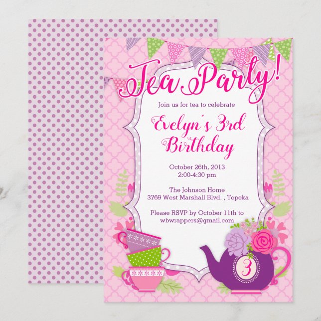 Invitation Tea Party ou Tea Party Invitation pour  (Devant / Derrière)