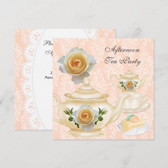 Invitation Tea Party Peach Coral Floral Teapot (Devant / Derrière)