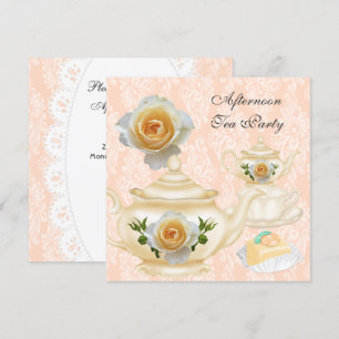 Invitation Tea Party Peach Coral Floral Teapot