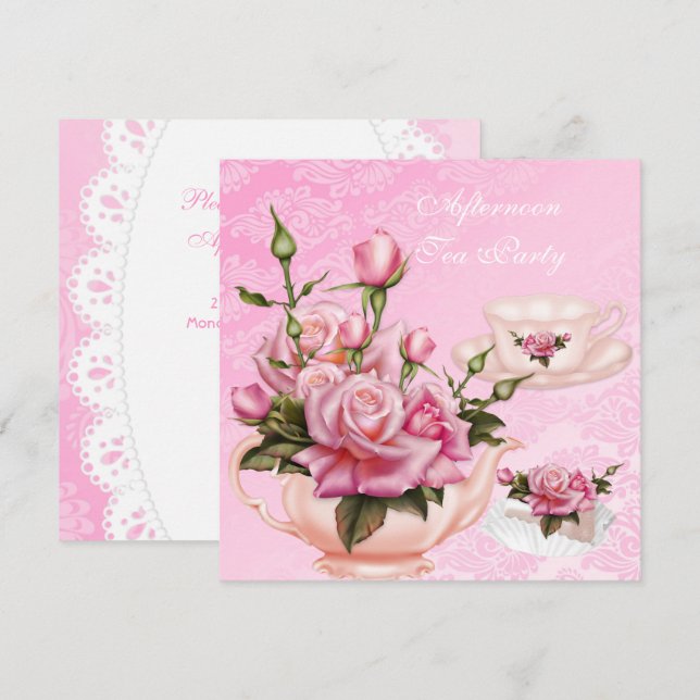 Invitation Tea Party Peach Peach Rose Floral Teapot (Devant / Derrière)