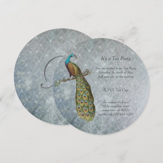Invitation Tea Party Peacock en argent Art nouveau (Devant / Derrière)