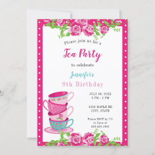 Invitation Tea Party Pink Floral Cups mignonne Whimsical