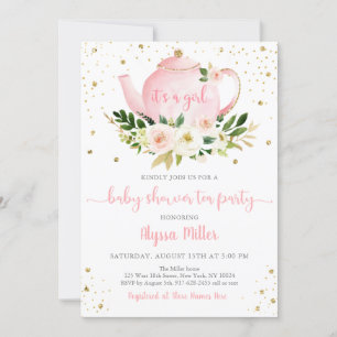 Invitation Tea Party Pink Gold Baby shower Floral