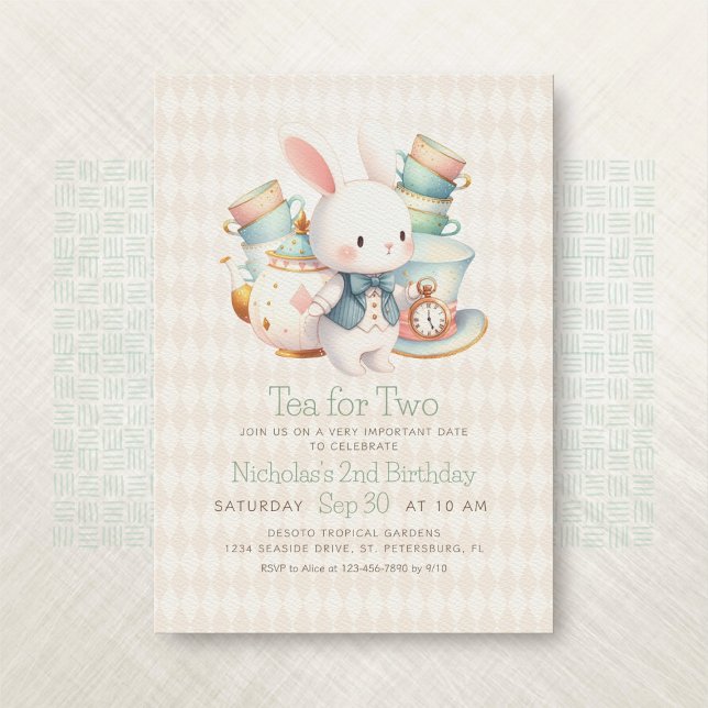 Invitation Tea Party Rabbit Wonderland 2e anniversaire (Créateur téléchargé)
