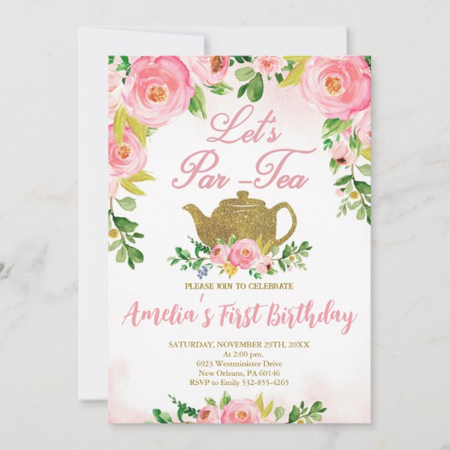 Invitation Tea Party rose Floral 1er anniversaire, Pink Par T (Devant)