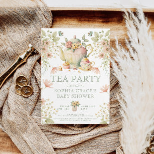 Invitation Tea Party Sage Vert & Baby shower rose Floral
