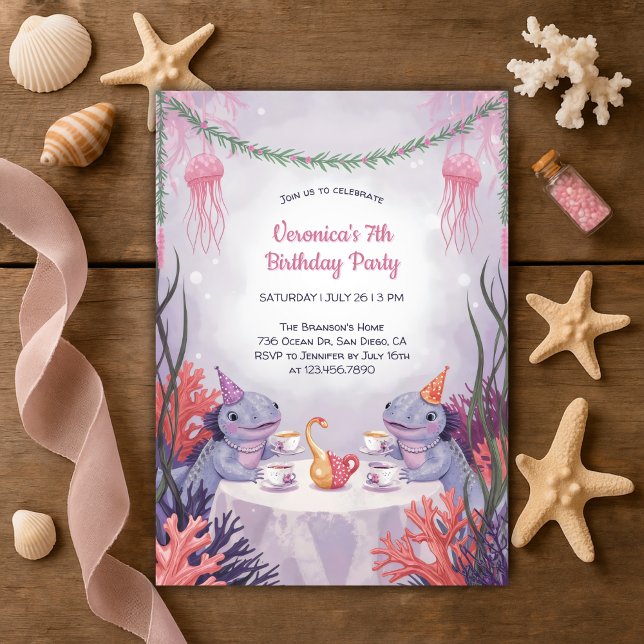 Invitation Tea Party sous-marin Cute Axolotl Océan Anniversai (Underwater Tea Party Birthday Invitation – Cute Axolotl Ocean Birthday Invite)