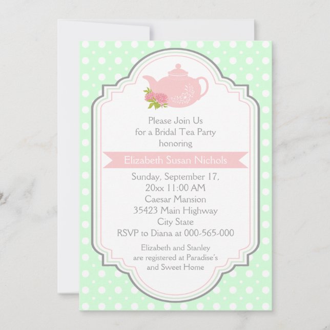 Invitation Tea party teapot polka point rose nuptiale douche (Devant)