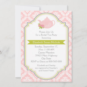 Invitation Tea party théière, damas rose vert nuptiale douche