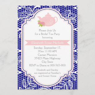 Invitation Tea party théière, dentelle rose, nuptiale
